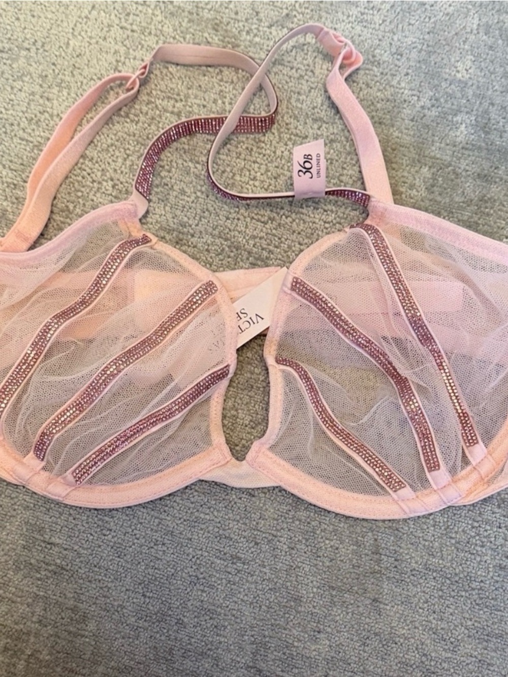Victoria’s Secret Pink Rhinestone Sheer Mesh Bra 36B NWT